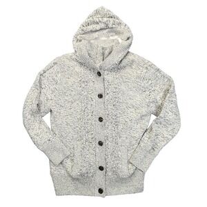 Hooded Zip/Button Cardigan Jacket Gray White Marled Knit Womans 2 XL  Fleece